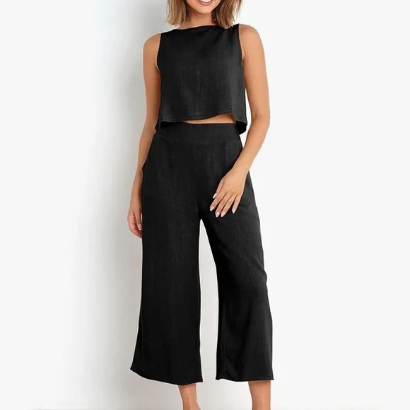 ANRABESS Summer 2 Piece Outfits Sleeveless Crop Top Black Wide Leg Pants Linen M - Picture 9 of 14